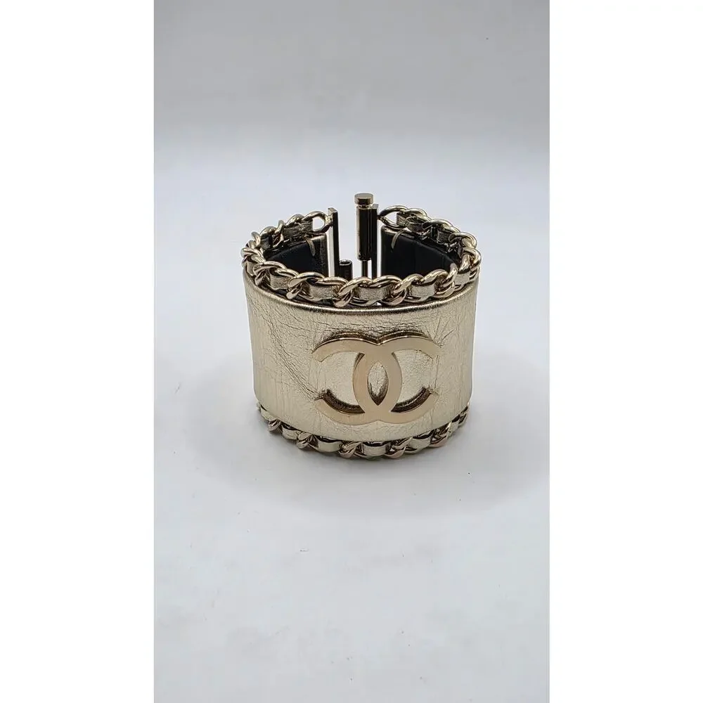 Chanel Gold-tone Leather Interlocking CC Wide Bracelet